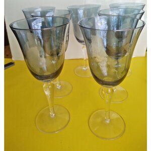 Elegant Cobalt Blue Wine Glass Set of 7 Etched Grapes & Leaves 8"